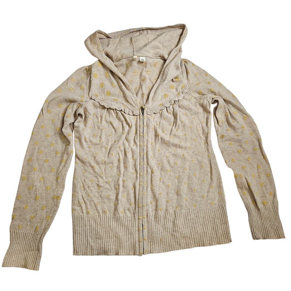 Moth Women Hooded Zip Wool Blend Cardigan Sweater Tan Yellow Dots Large Ruffle